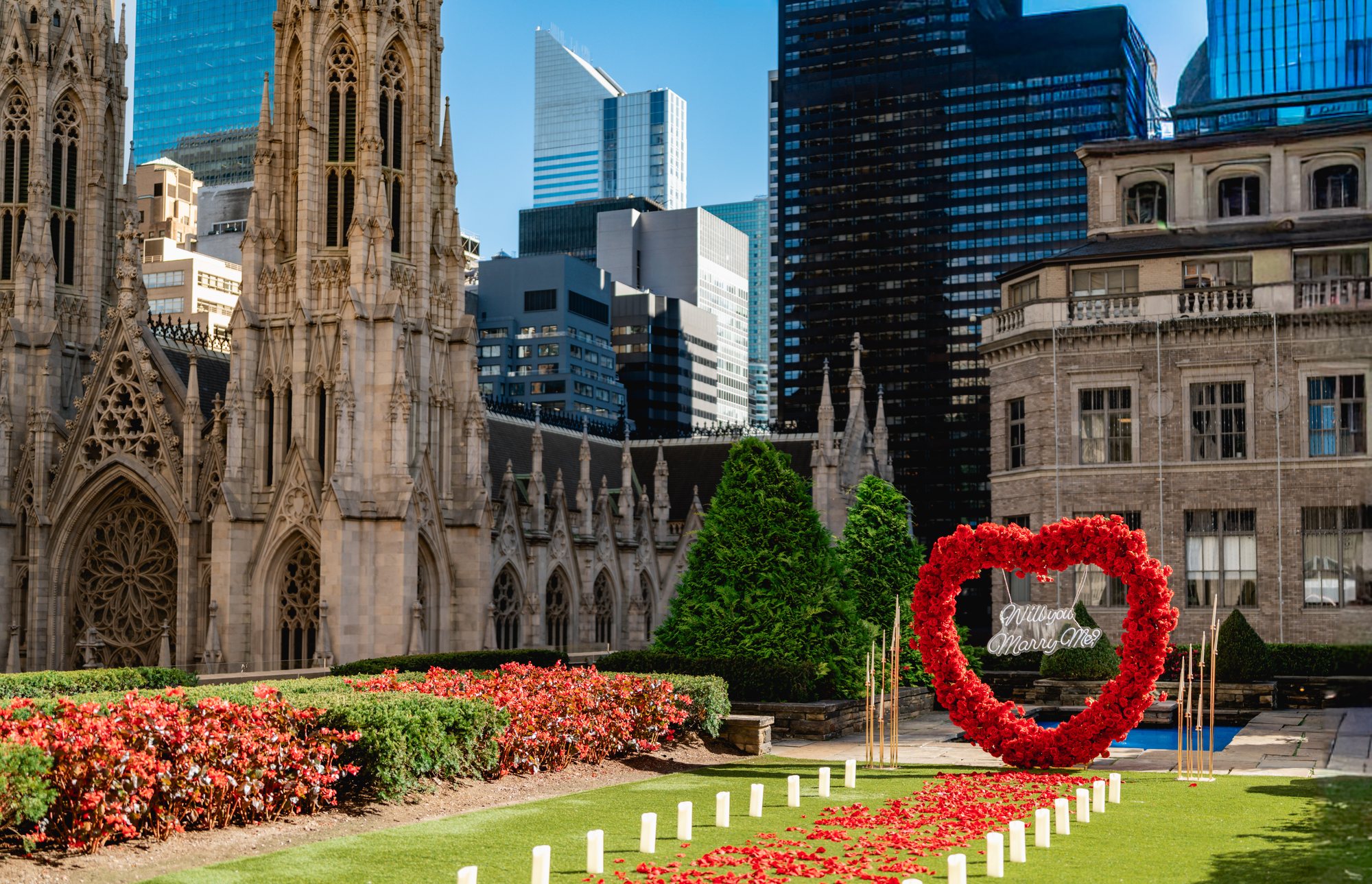 Private rooftop garden with a red rose heart beside St. Patrick's Cathedral in Midtown Manhattan